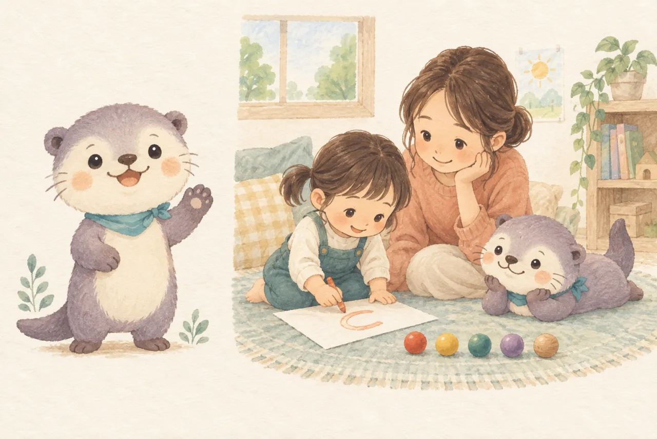 親子とカワウソが、玉を数えたり文字を書いたりする絵